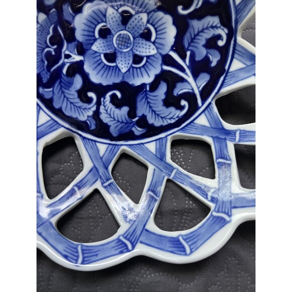 VTG Blue & White Bowl Delft Style Asian Inspired Open Woven Bowl Home Decor Gift - Picture 5 of 6